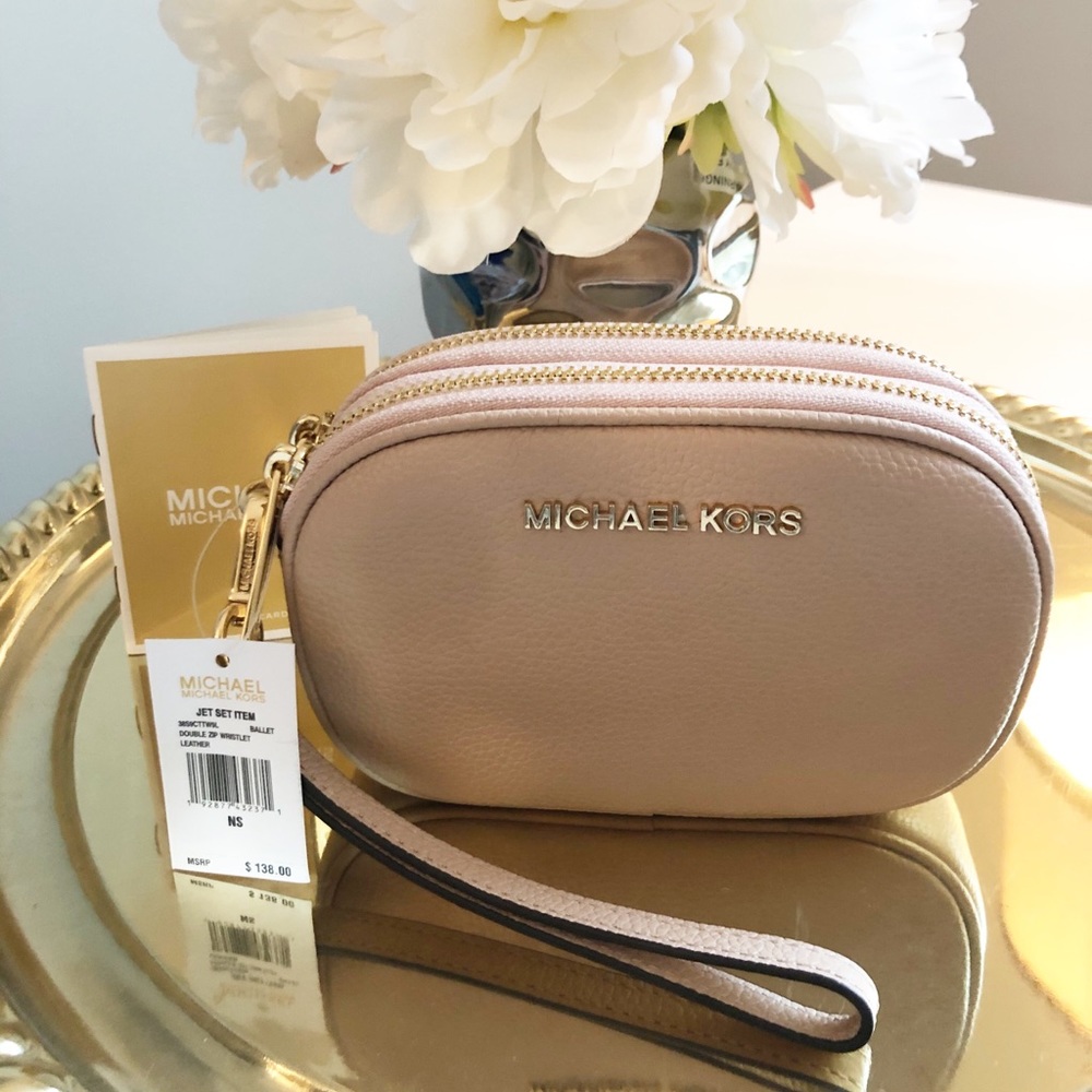 NWT Michael Kors Leather Double Zip Wristlet Blush